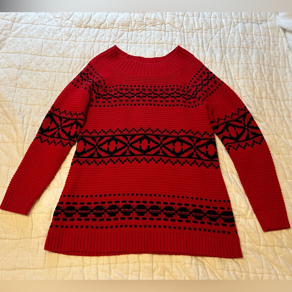 Chaps Red & Black Sweater sz L EUC geometric design winter holiday fair isle
